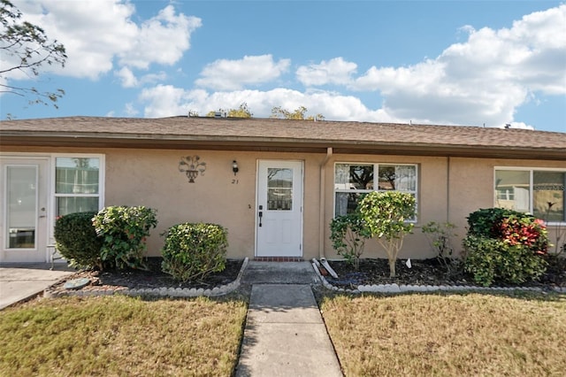 entrance to property with stucco siding and a yard