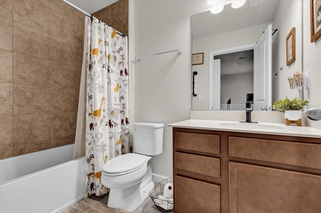 bathroom featuring toilet, vanity, and shower / bathtub combination with curtain