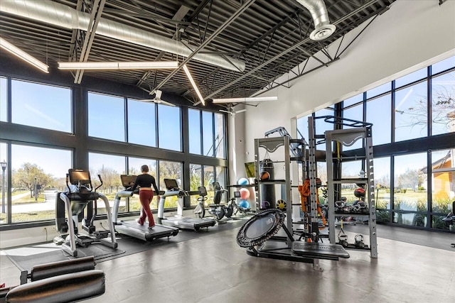 workout area with a high ceiling