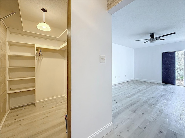 walk in closet with light wood-type flooring and a ceiling fan