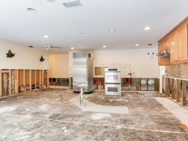 interior space featuring a ceiling fan, recessed lighting, visible vents, and appliances with stainless steel finishes