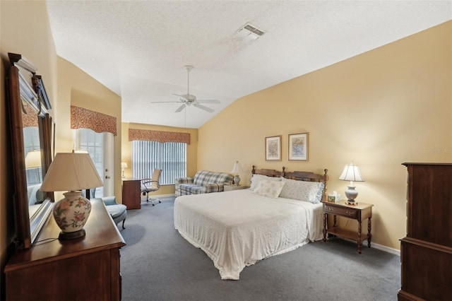 carpeted bedroom with visible vents, baseboards, lofted ceiling, ceiling fan, and a textured ceiling