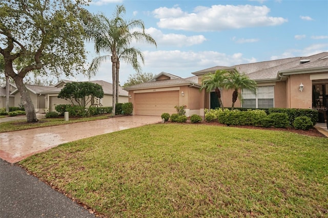 single story home featuring a front lawn, a garage, driveway, and stucco siding