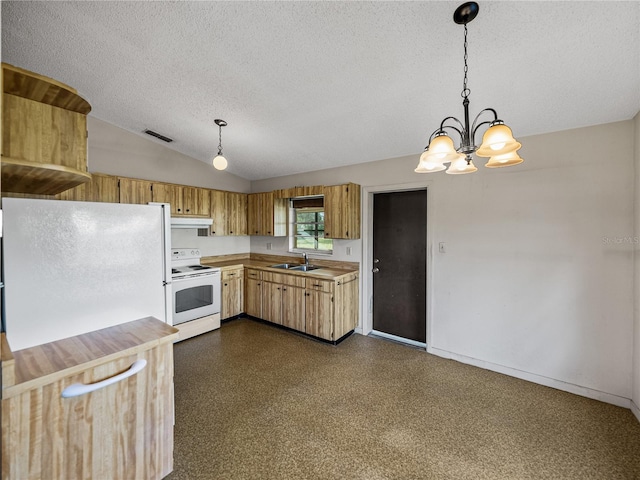 kitchen with light countertops, visible vents, a sink, white appliances, and under cabinet range hood