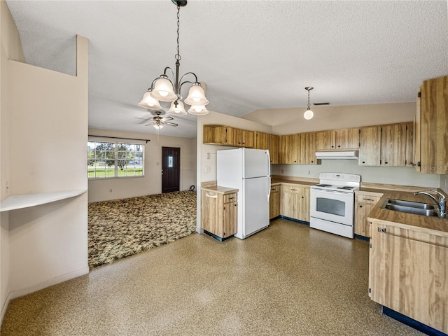 kitchen featuring lofted ceiling, a sink, a textured ceiling, white appliances, and under cabinet range hood