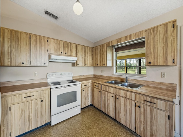 kitchen featuring visible vents, electric range, a sink, a textured ceiling, and under cabinet range hood