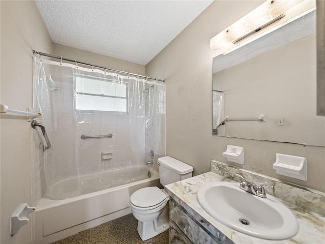 full bathroom featuring a textured ceiling, vanity, shower / bath combination with curtain, and toilet