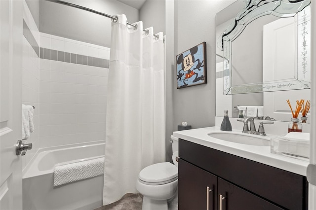 bathroom with shower / bath combo with shower curtain, toilet, and vanity