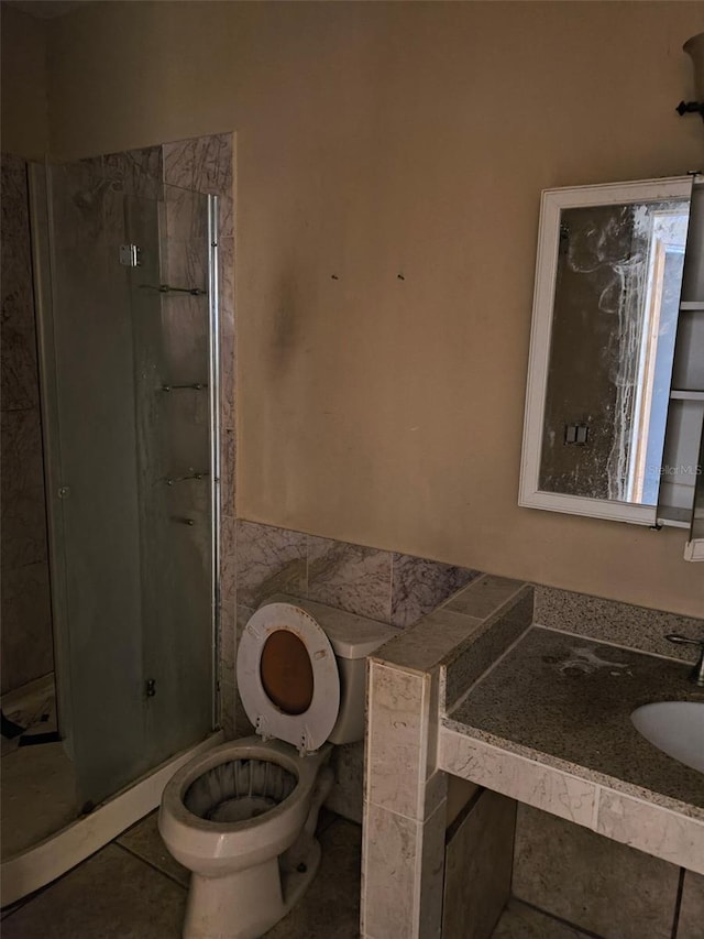 bathroom with a sink, a shower stall, toilet, and tile walls