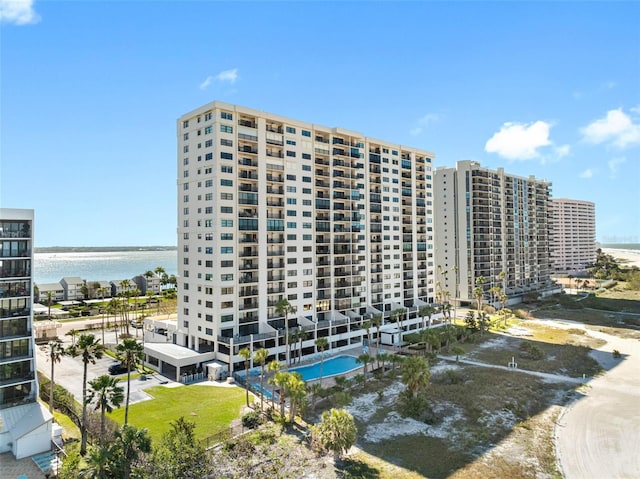 view of building exterior featuring a water view