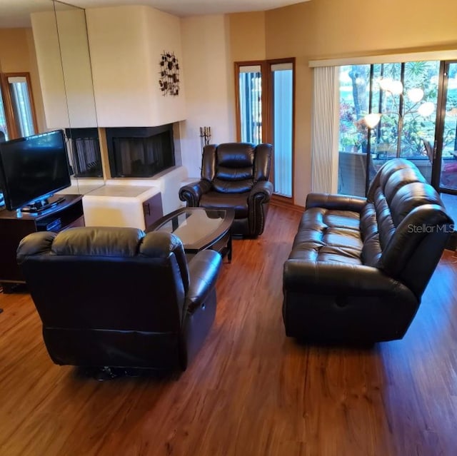 living room featuring a multi sided fireplace and wood finished floors