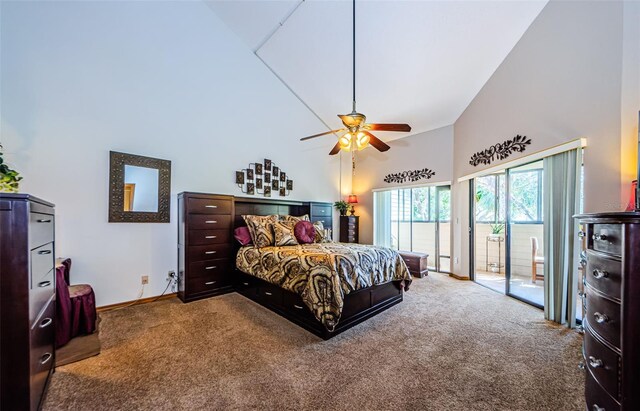 bedroom featuring baseboards, ceiling fan, access to exterior, carpet, and high vaulted ceiling