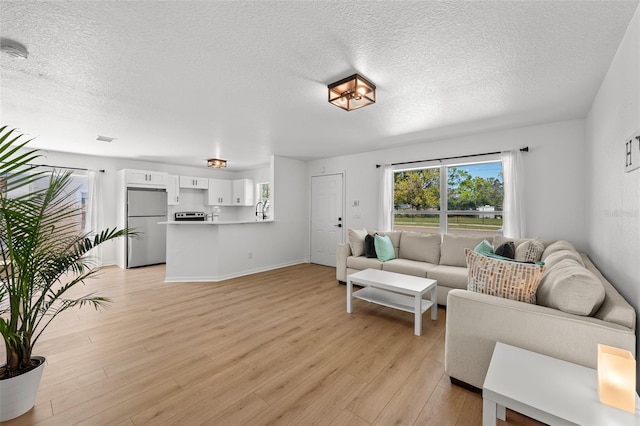 living room with light wood finished floors, baseboards, and a textured ceiling