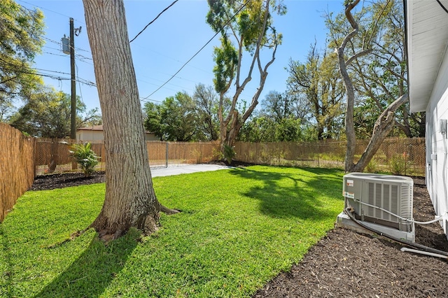 view of yard with a fenced backyard and central air condition unit