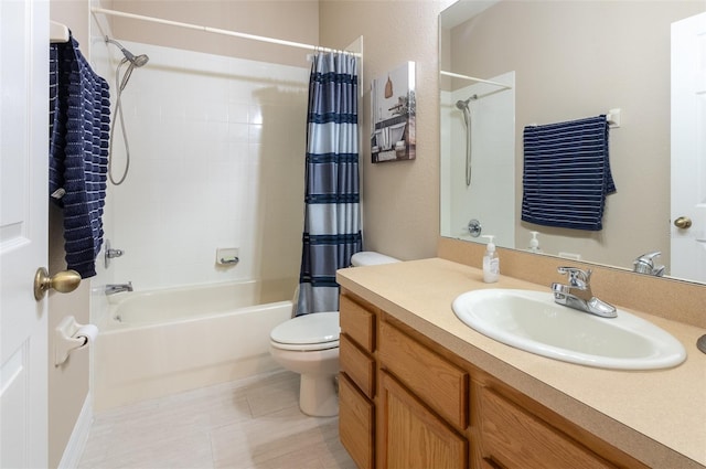 bathroom with tile patterned flooring, vanity, toilet, and shower / tub combo with curtain