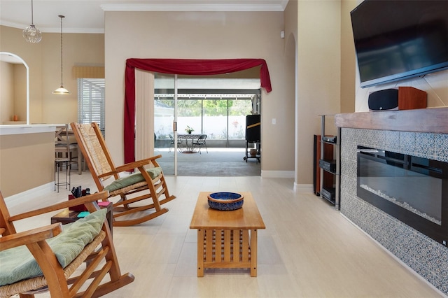 living area featuring baseboards, a fireplace, and crown molding