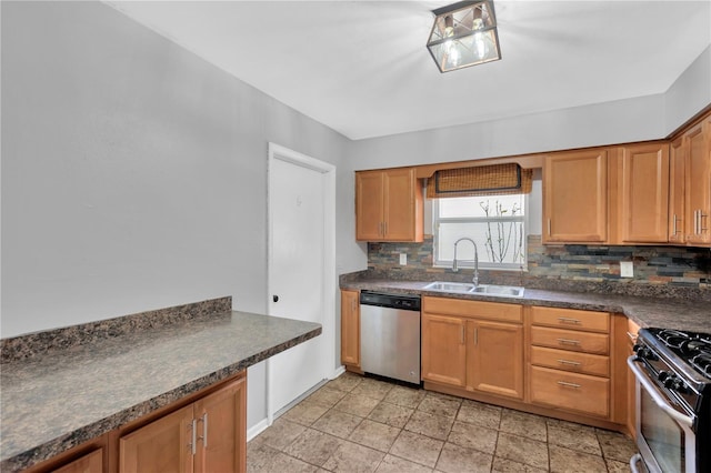 kitchen featuring brown cabinets, dark countertops, backsplash, appliances with stainless steel finishes, and a sink