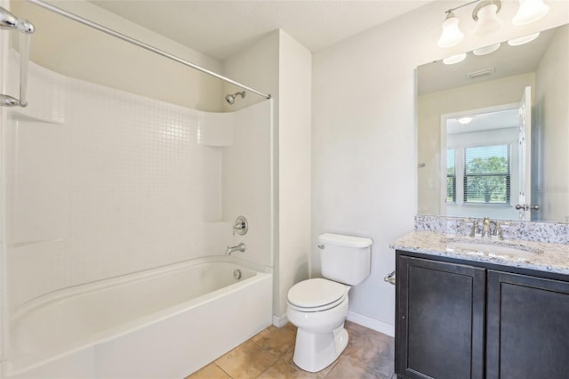 full bathroom with visible vents, toilet, washtub / shower combination, tile patterned flooring, and vanity