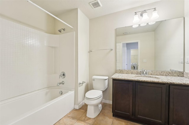 bathroom with tile patterned floors, visible vents, toilet, bathtub / shower combination, and vanity