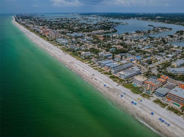 bird's eye view featuring a beach view and a water view