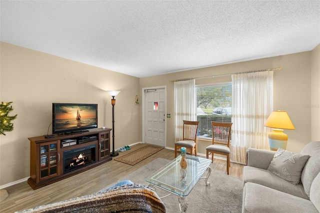 living room featuring a warm lit fireplace, a textured ceiling, wood finished floors, and baseboards