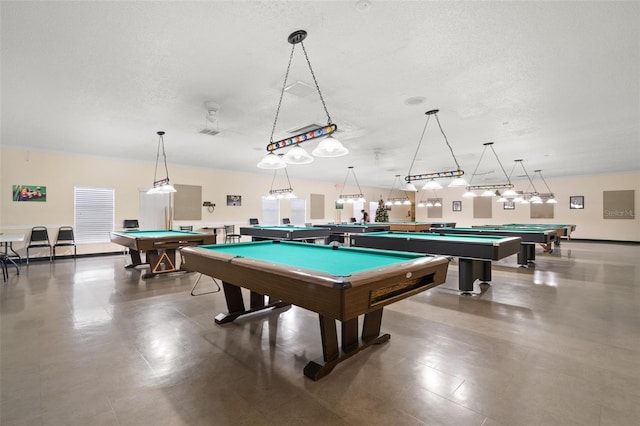 rec room with billiards, visible vents, and a textured ceiling