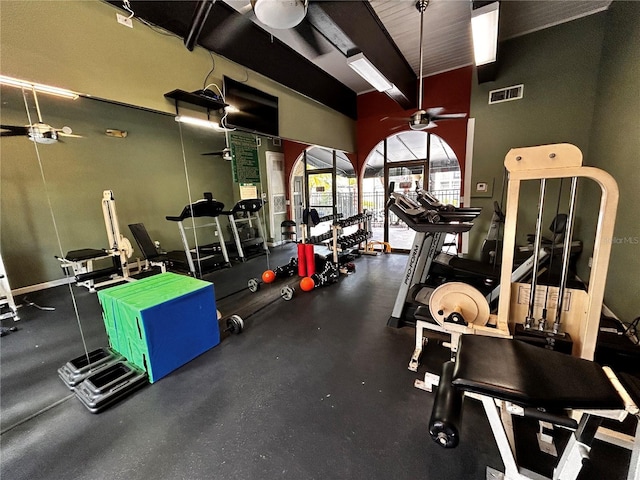 exercise room featuring a ceiling fan and visible vents