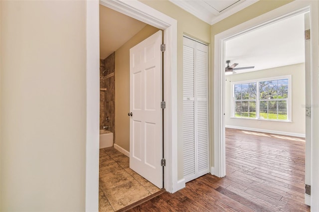 hall featuring baseboards, wood finished floors, and ornamental molding