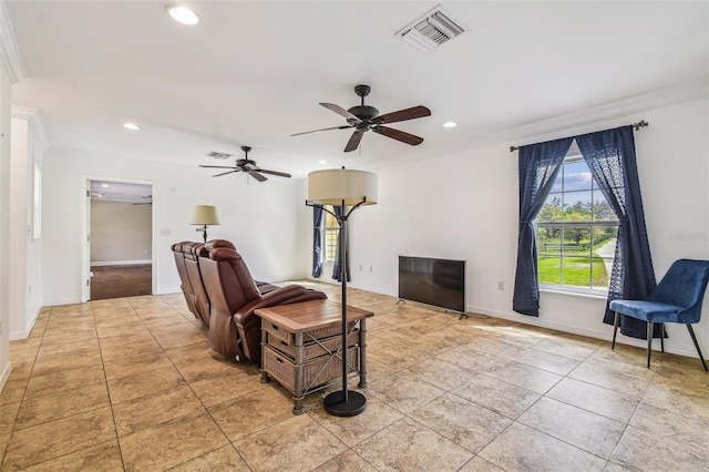 living area with visible vents, baseboards, ornamental molding, light tile patterned floors, and recessed lighting