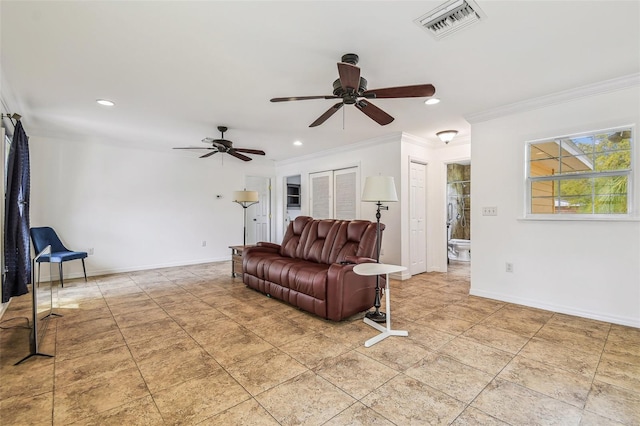 living area with visible vents, ornamental molding, recessed lighting, light tile patterned floors, and baseboards