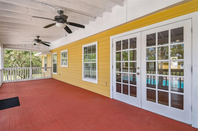 view of patio / terrace featuring french doors and ceiling fan