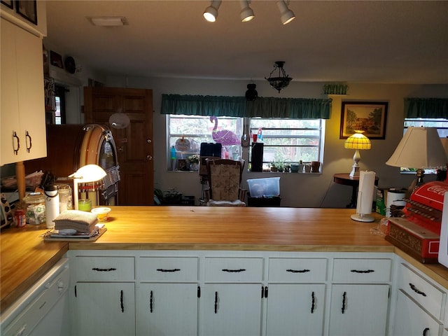 kitchen with a wealth of natural light, white cabinets, dishwasher, and a peninsula