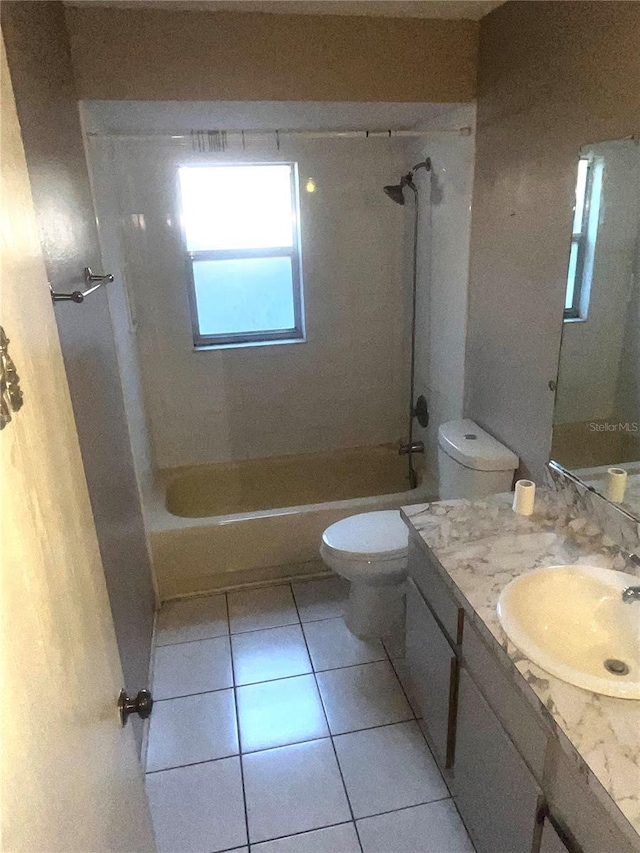 full bath featuring tile patterned floors, toilet, tub / shower combination, and vanity