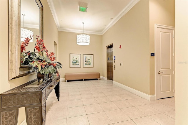 corridor featuring ornamental molding, elevator, light tile patterned flooring, and baseboards