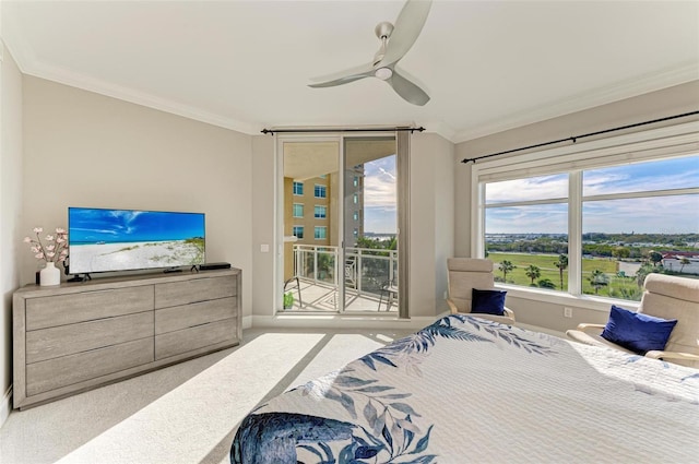 carpeted bedroom with crown molding, ceiling fan, baseboards, and access to exterior