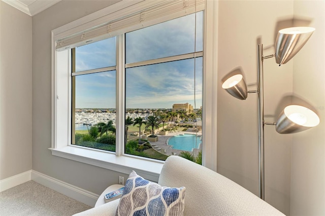 interior space with baseboards and ornamental molding