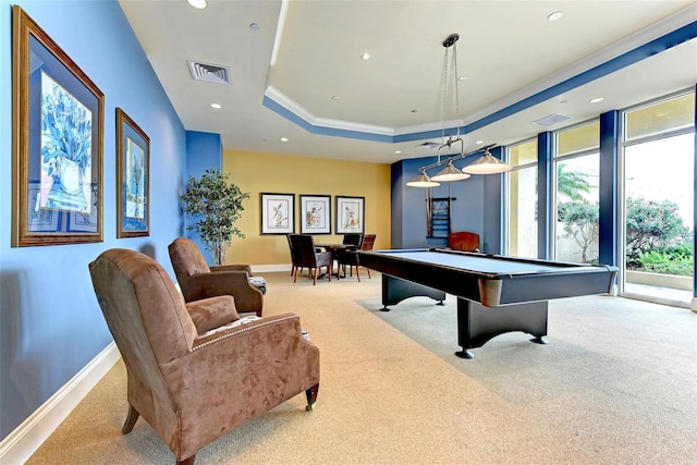 playroom featuring carpet, a raised ceiling, visible vents, and baseboards