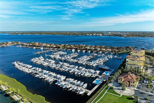 birds eye view of property featuring a water view