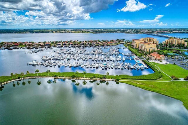 drone / aerial view with a water view