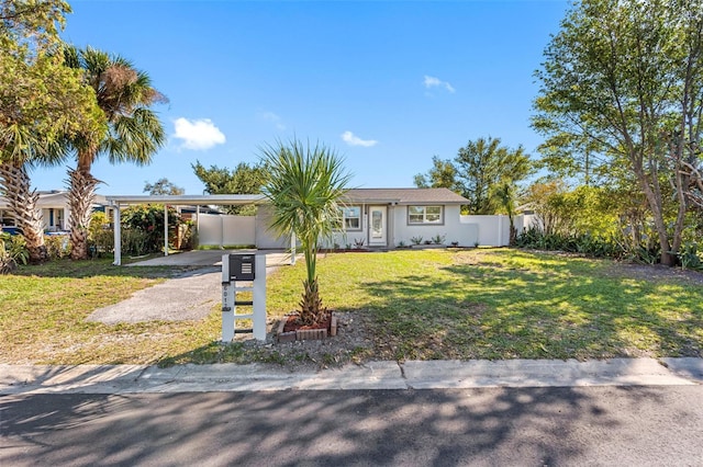 ranch-style house with stucco siding, fence, and a front yard