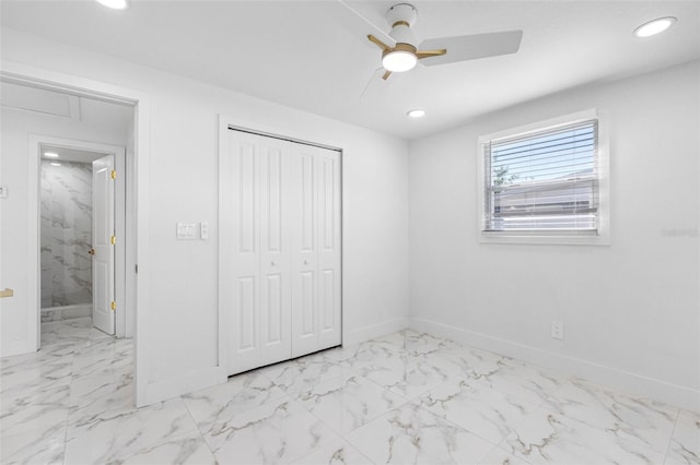 unfurnished bedroom featuring baseboards, a ceiling fan, marble finish floor, a closet, and recessed lighting