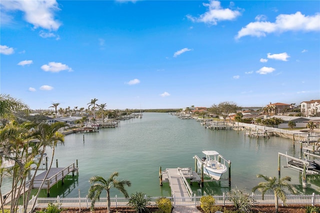 property view of water with a boat dock, boat lift, and fence