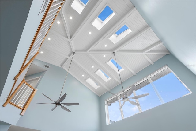 details featuring visible vents, beam ceiling, and a ceiling fan