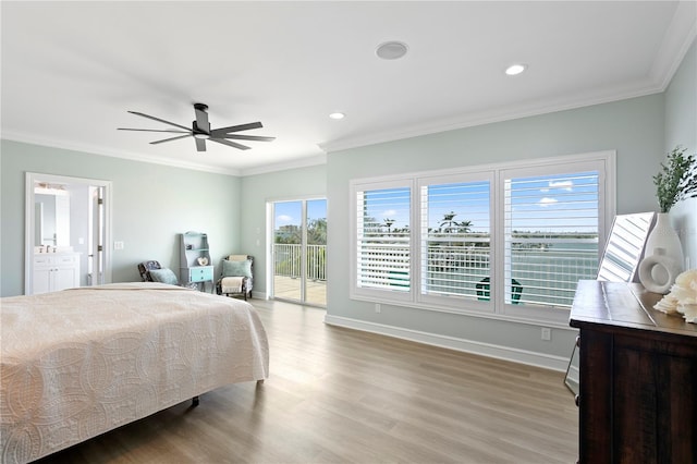 bedroom with ornamental molding, access to outside, baseboards, and wood finished floors