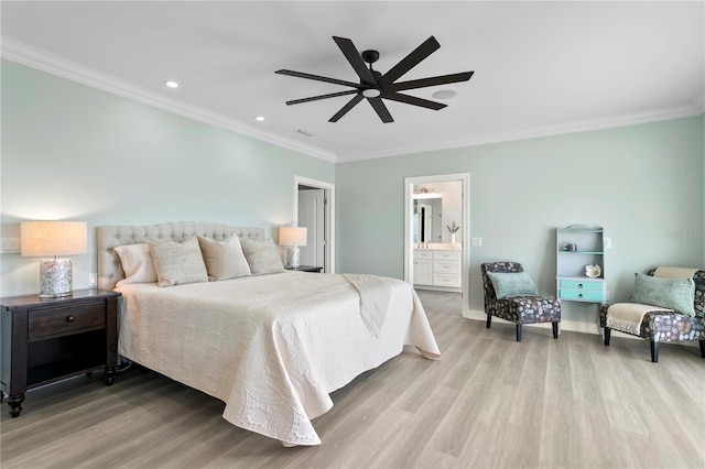 bedroom featuring crown molding, baseboards, wood finished floors, and recessed lighting