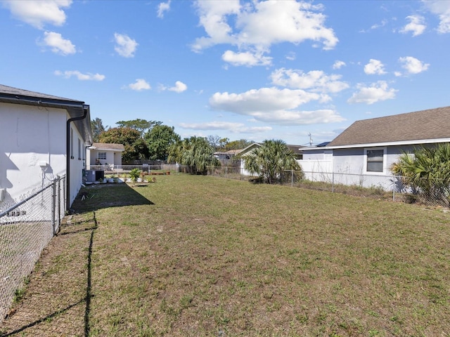 view of yard with central AC unit and a fenced backyard