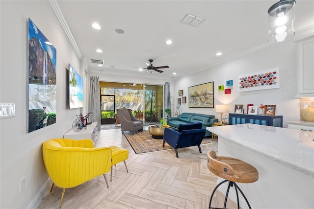 11714 Wrought Pine Loop, Riverview, FL 33569 - living area featuring ornamental molding, recessed lighting, baseboards, and a ceiling fan