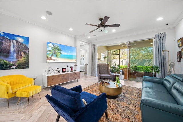11714 Wrought Pine Loop, Riverview, FL 33569 - living room featuring crown molding, recessed lighting, and a ceiling fan