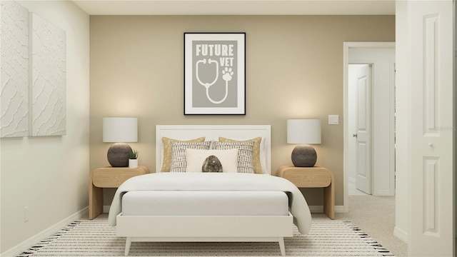 bedroom featuring light carpet and baseboards