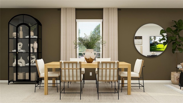 carpeted dining space featuring baseboards